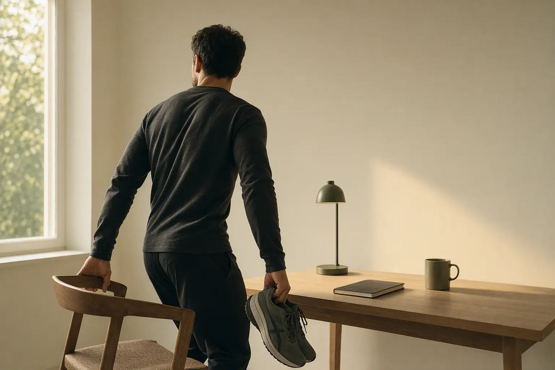 Man reaching for running shoes, stepping away from his desk
