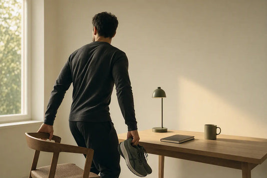 Man reaching for running shoes, stepping away from his desk