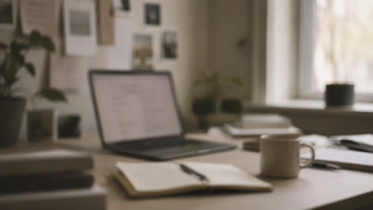 Blurred home office desk representing brain fog and difficulty focusing at work