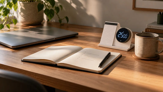 Clear desk with a notebook and timer, representing decision fatigue at work