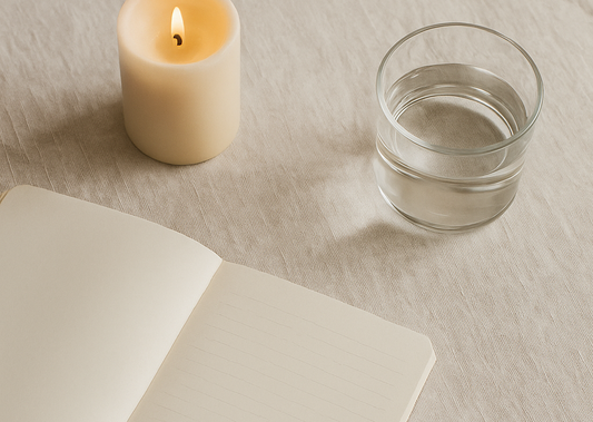 Daily calm ritual with candle, journal, and glass of water on linen table