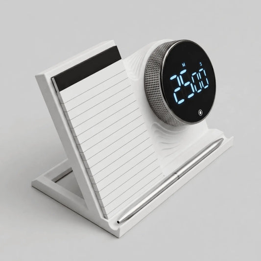 White digital timer with a notepad on a gray background